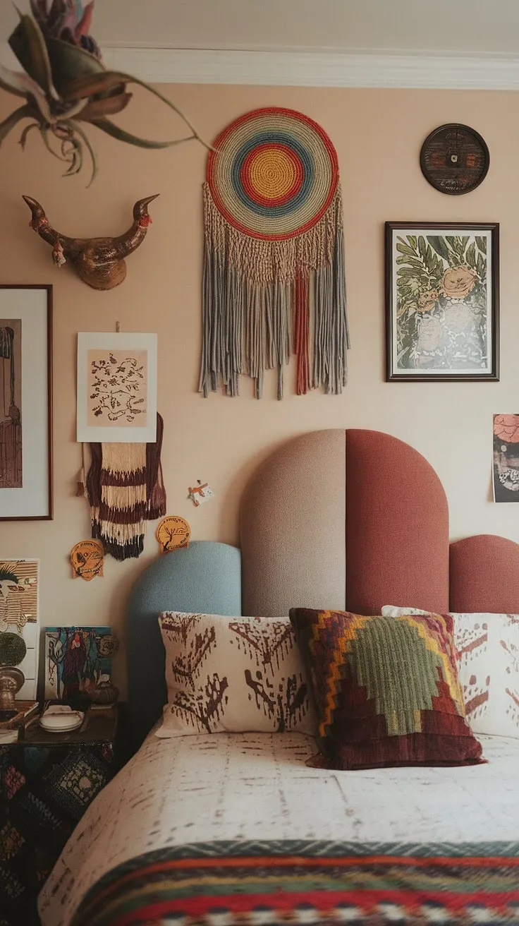 Earthy retro vibes meet funky headboard ideas, creating a unique space. Hippy wall decor and artsy bedroom ideas blend seamlessly with the y2k grunge decor, resulting in a truly captivating hippy grunge bedroom. This 90s aesthetic room decor showcases the best of 90s bedroom ideas.