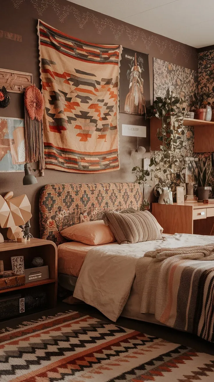 Funky headboard ideas and hippy wall decor create a unique space, blending y2k grunge decor with 90s aesthetic room decor for the ultimate artsy bedroom ideas. This hippy grunge bedroom is a 90s bedroom ideas goldmine.
