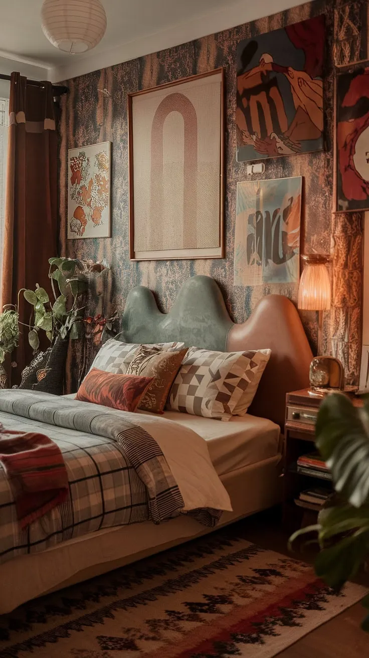 Earthy retro decor blends seamlessly with funky headboard ideas, creating a space that's both nostalgic and uniquely modern. Y2k grunge decor accents the hippy wall decor, while a vintage lamp casts a warm glow over the scene. This artsy bedroom, brimming with 90s aesthetic room decor, offers a perfect blend of hippy grunge bedroom vibes and 90s bedroom ideas.