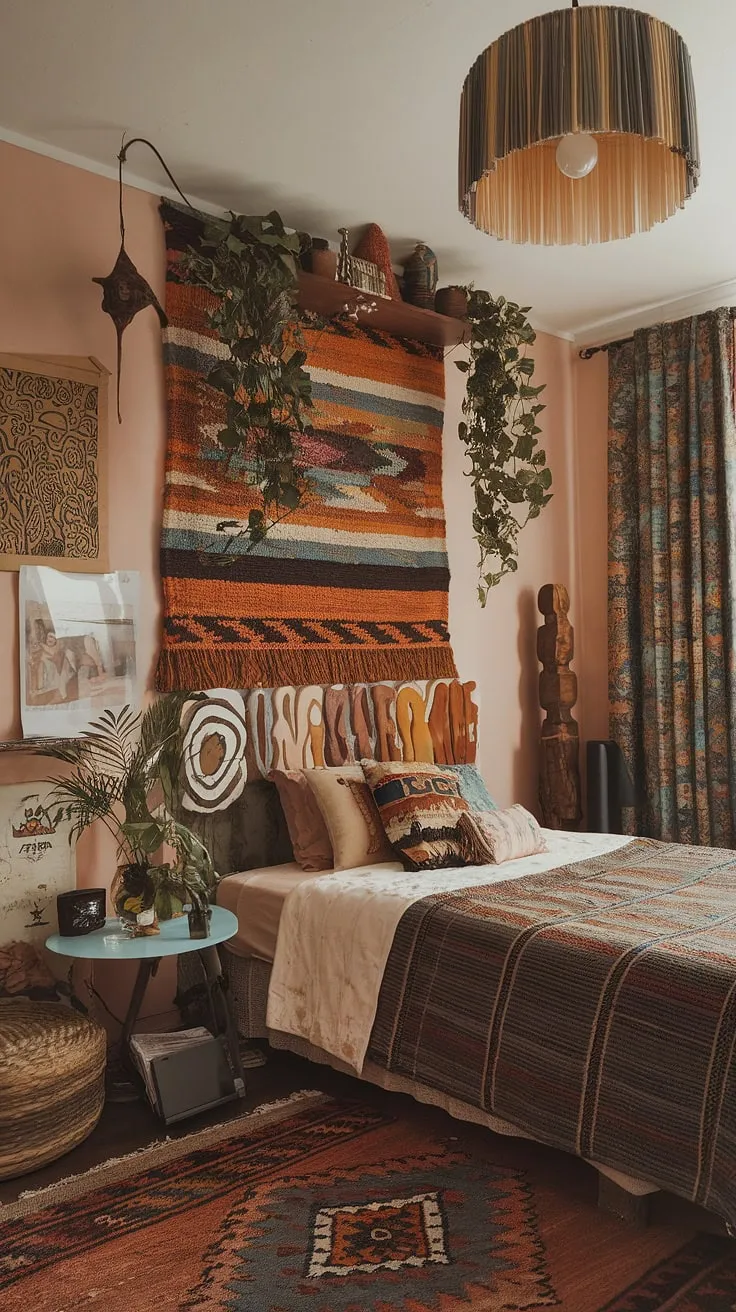 The funky headboard, y2k grunge lampshade, and hippy wall decor blend seamlessly to create an indie core bedroom with serious 90s aesthetic room decor. Explore artsy bedroom ideas and 90s bedroom ideas in this captivating hippy grunge bedroom.