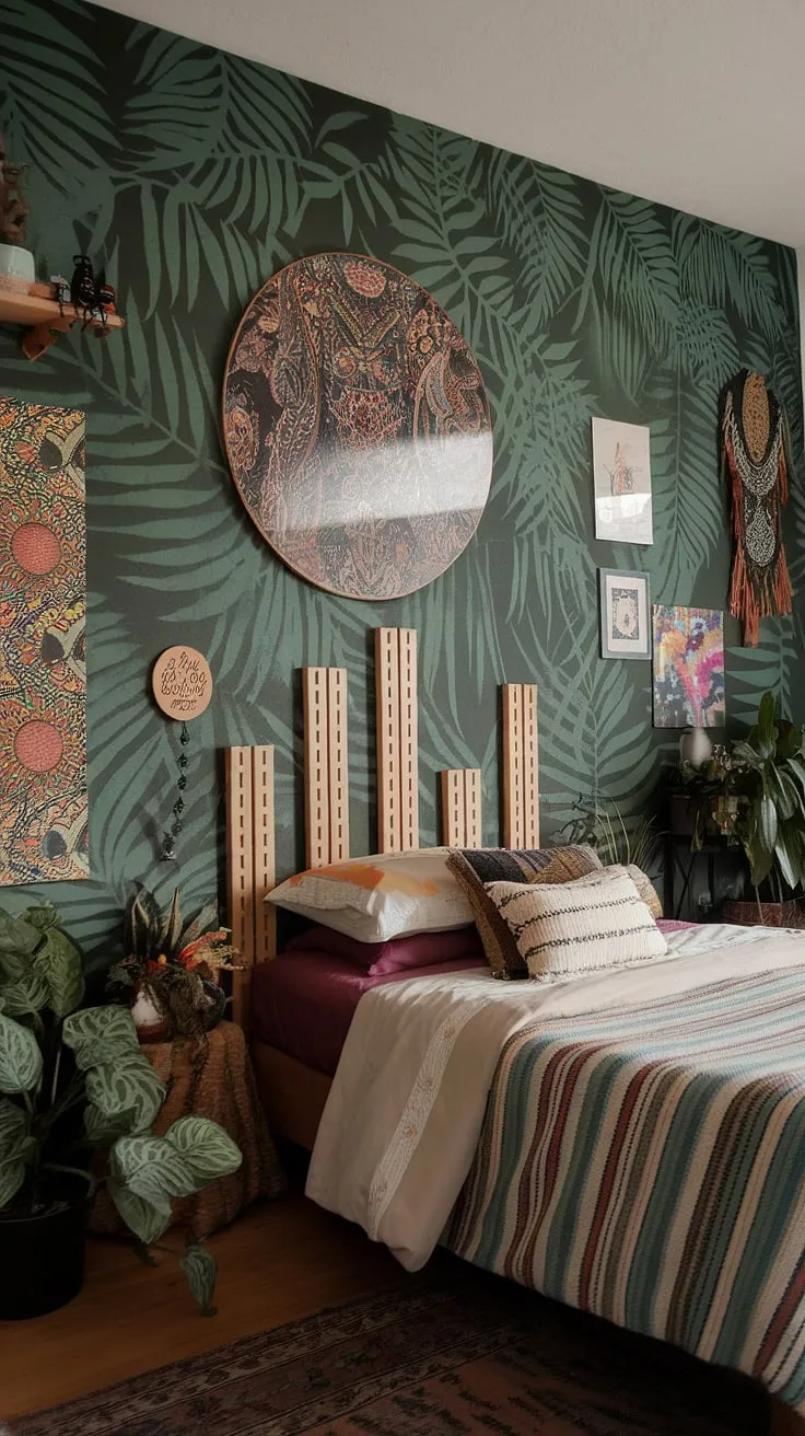 Funky headboard ideas and hippy wall decor create a truly unique hippy grunge bedroom, showcasing the best of 90s aesthetic room decor. Artsy bedroom ideas abound in this space, a perfect example of 90s bedroom ideas and y2k grunge decor.