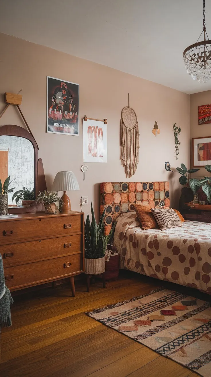 Funky headboard ideas and y2k grunge decor create a unique space, showcasing 90s aesthetic room decor at its finest. This hippy grunge bedroom, with its hippy wall decor and artsy bedroom ideas, is the ultimate 90s bedroom inspiration.