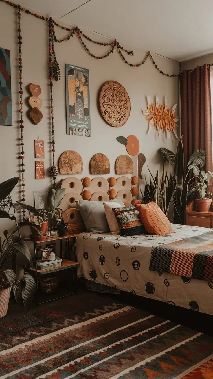 Funky headboard ideas and hippy wall decor create a unique 90s aesthetic room decor, blending y2k grunge decor with a touch of hippy grunge bedroom style. This artsy bedroom is bursting with 90s bedroom ideas.