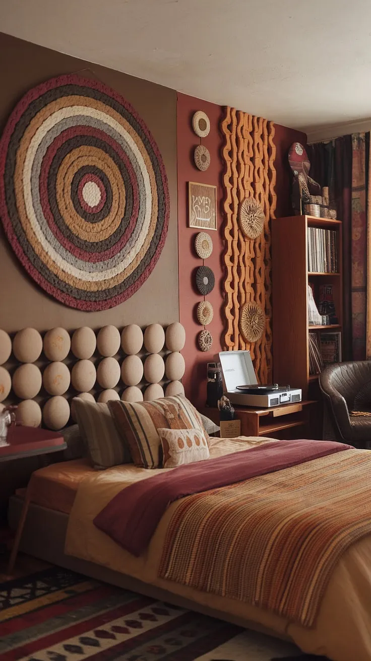 The funky headboard, hippy wall decor, and record player perfectly capture the 90s aesthetic room decor. It's the ultimate indie core bedroom, showcasing y2k grunge decor and offering inspiring 90s bedroom ideas and artsy bedroom ideas for a truly unique hippy grunge bedroom.