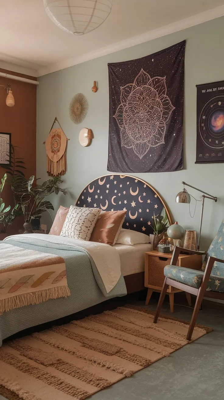 The funky headboard ideas are a standout feature, complemented by hippy wall decor and a touch of y2k grunge decor. Think 90s bedroom ideas infused with indie core bedroom style – a mandala tapestry, a solar system poster, and soft beige and light blue walls create a serene atmosphere. The overall effect is a unique and inviting hippy grunge bedroom, full of personality and charm.