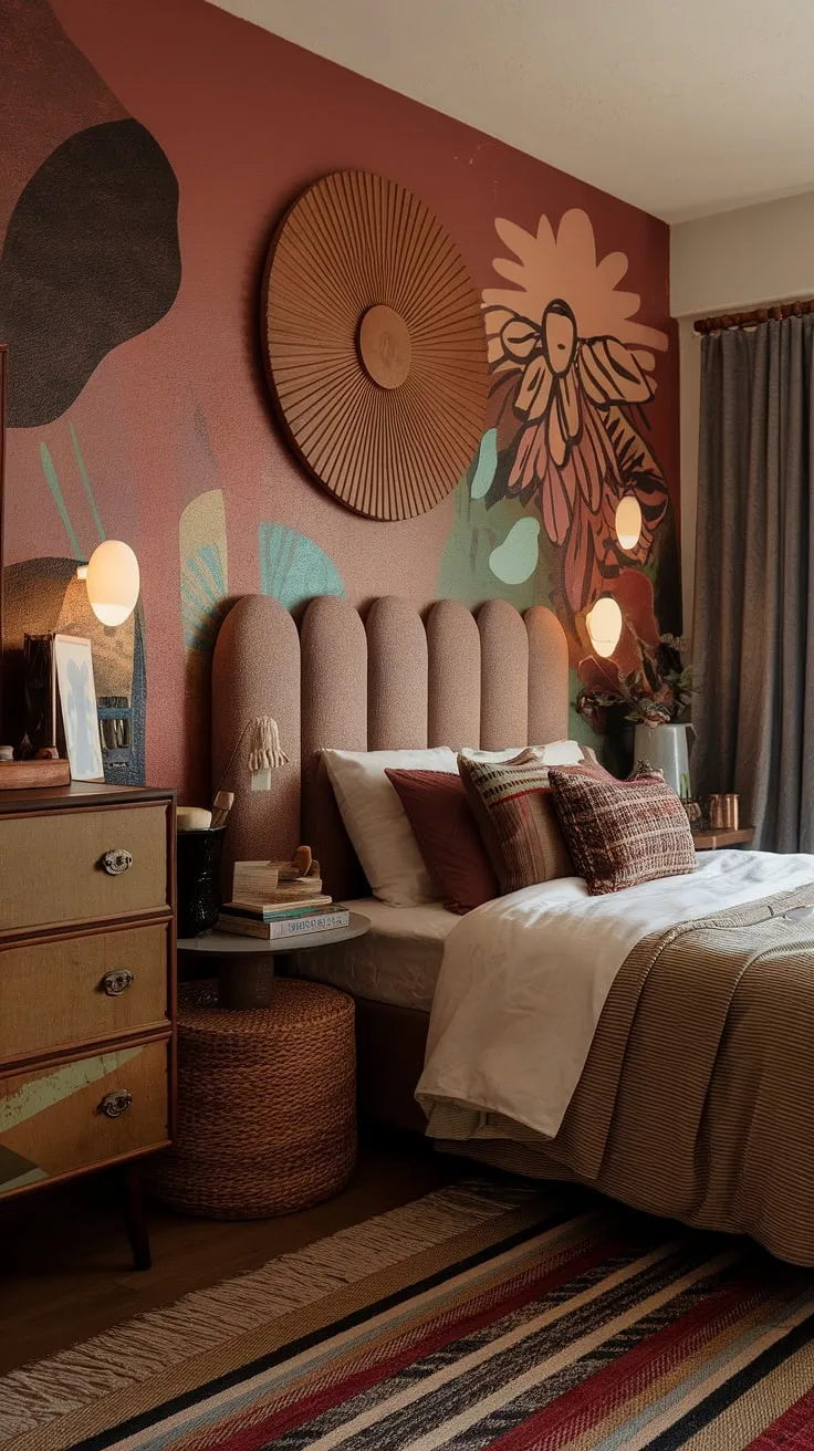 Earthy retro decor blends seamlessly with funky headboard ideas and hippy wall decor, creating a unique y2k grunge vibe. The artsy bedroom ideas, including a captivating mural, perfectly complement the mix of vintage dresser and contemporary bed, showcasing a delightful collision of textures – wood, fabric, and metal – all bathed in warm, inviting light. This hippy grunge bedroom is a masterclass in 90s aesthetic room decor and 90s bedroom ideas.