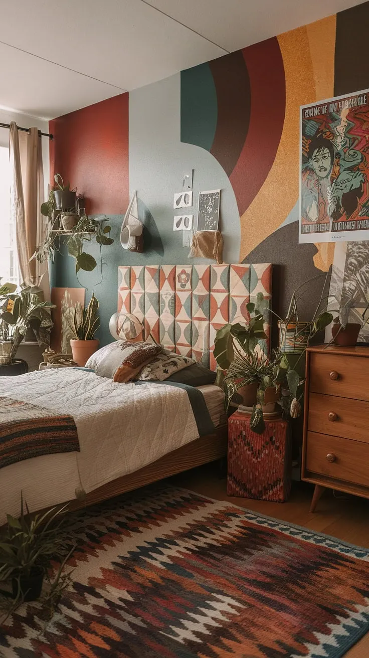 The funky headboard ideas are a standout feature against the backdrop of 90s aesthetic room decor, creating an indie core bedroom with serious personality. Earthy retro bedroom elements, like the vintage rug and wooden dresser, are balanced by the hippy wall decor and a touch of y2k grunge decor. The result? An artsy bedroom that perfectly captures the spirit of the 90s.