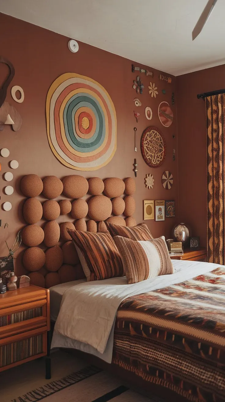 The funky headboard ideas are a standout, complementing the hippy wall decor and y2k grunge decor for a truly unique hippy grunge bedroom. This 90s bedroom showcases artsy bedroom ideas with its eclectic mix of patterns and symbols, offering plenty of 90s bedroom ideas for anyone looking to recreate this nostalgic space.