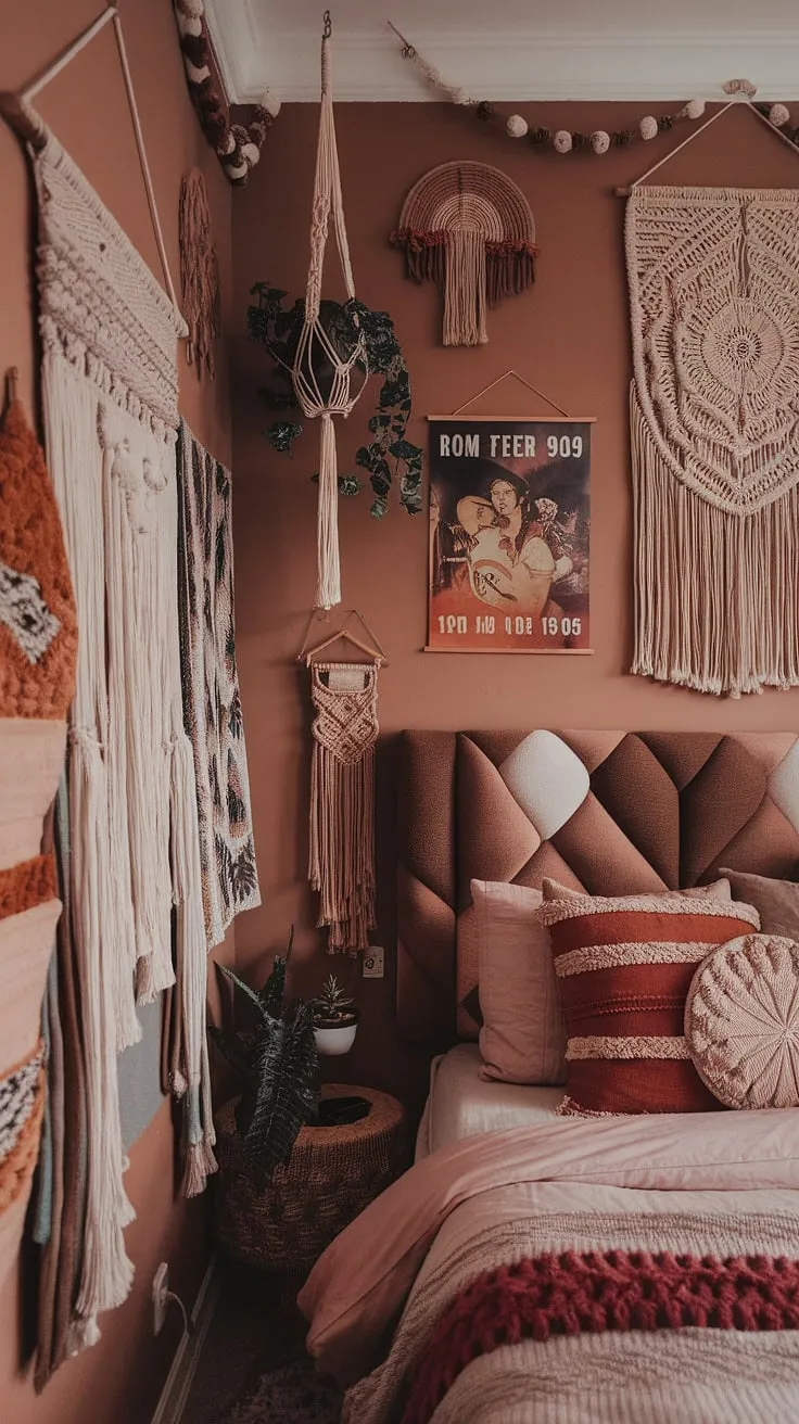 Earthy retro decor blends seamlessly with funky headboard ideas and y2k grunge elements, creating a unique space. Hippy wall decor and a macrame plant hanger add an artsy touch, while a vintage band poster completes the 90s aesthetic room decor. This hippy grunge bedroom is a masterclass in 90s bedroom ideas and artsy bedroom ideas, offering a truly vintage feel.