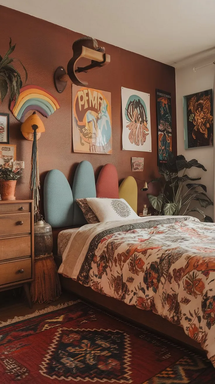 The funky headboard ideas are perfectly complemented by the earthy retro bedroom vibe, while hippy wall decor and a vintage rug add layers of texture and personality. Touches of y2k grunge decor create a unique blend, making this the ultimate 90s bedroom. It's a fantastic example of 90s bedroom ideas and a testament to the enduring appeal of hippy grunge bedroom style.