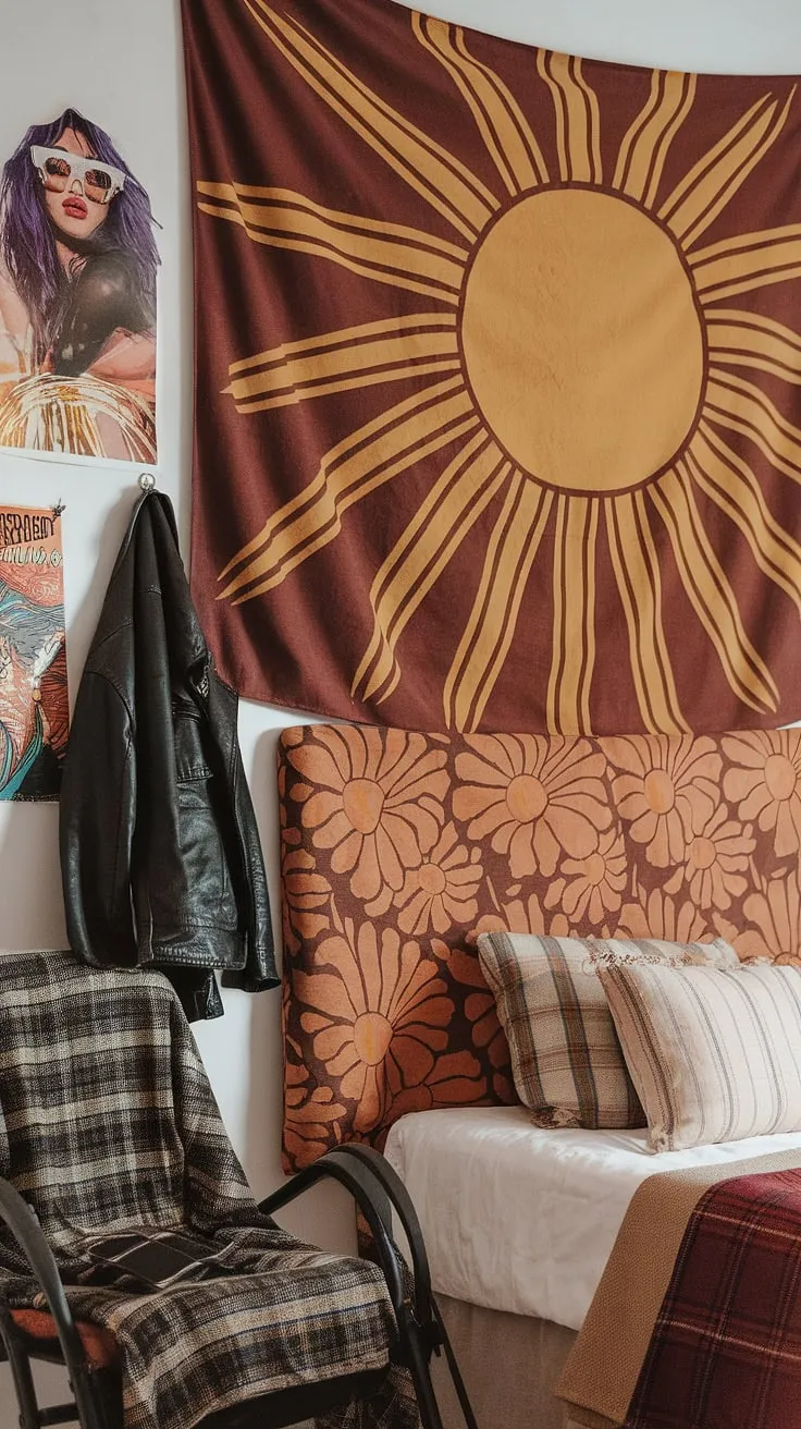 The indie core bedroom aesthetic is achieved through a masterful blend of earthy retro bedroom elements and y2k grunge decor. A funky headboard with vibrant orange flowers commands attention, while a hippy wall decor tapestry and a poster of a stylish woman add personality. The casually tossed black leather jacket and plaid shirt complete the look, showcasing artsy bedroom ideas within a truly unique 90s aesthetic room decor.