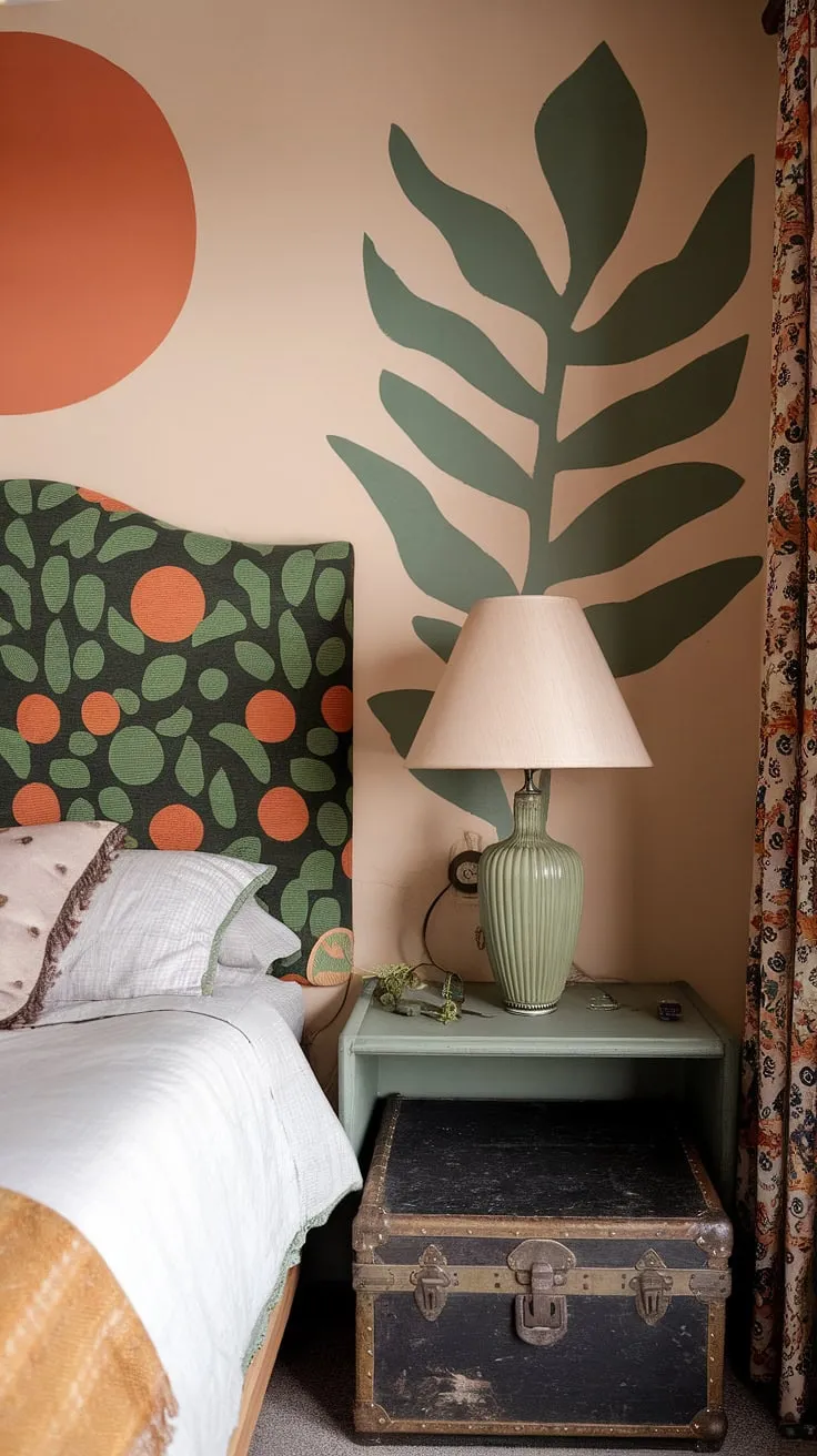 Funky headboard ideas take center stage with its leafy green and orange circle pattern, perfectly complementing the hippy wall decor of swirling oranges and greens. A vintage lamp casts a warm glow on the beige nightstand, adding to the y2k grunge decor. The vintage trunk at the foot of the bed completes the artsy bedroom ideas, creating a truly unique hippy grunge bedroom space. This 90s aesthetic room decor is the ultimate inspiration for 90s bedroom ideas.