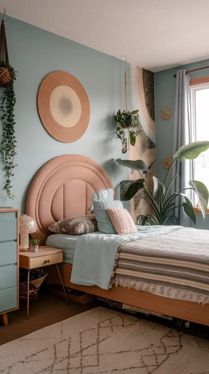 The light blue walls are adorned with hippy wall decor and artsy bedroom ideas, while a funky headboard anchors the space. Y2k grunge decor subtly complements the 90s aesthetic room decor, creating a unique hippy grunge bedroom. The large leafy plants add a touch of nature to this 90s bedroom ideas haven.