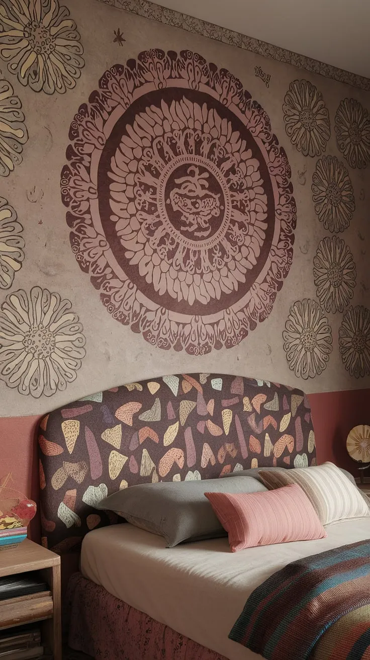The funky headboard ideas are a standout feature, adding a playful touch to the earthy retro bedroom. Hippy wall decor, featuring a large mandala and smaller floral patterns, creates a captivating backdrop, while the faded textures and worn furniture contribute to the overall hippy grunge bedroom atmosphere. Explore the 90s aesthetic room decor and discover the magic of this eclectic space, a perfect example of how to blend vibrant and muted colors for a truly unique and memorable 90s bedroom.