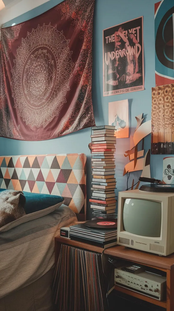 Funky headboard ideas meet Y2K grunge decor, creating a unique space where hippy wall decor and a vintage computer coexist. Artsy bedroom ideas collide with hippy grunge bedroom aesthetics for a truly unforgettable 90s aesthetic room decor.
