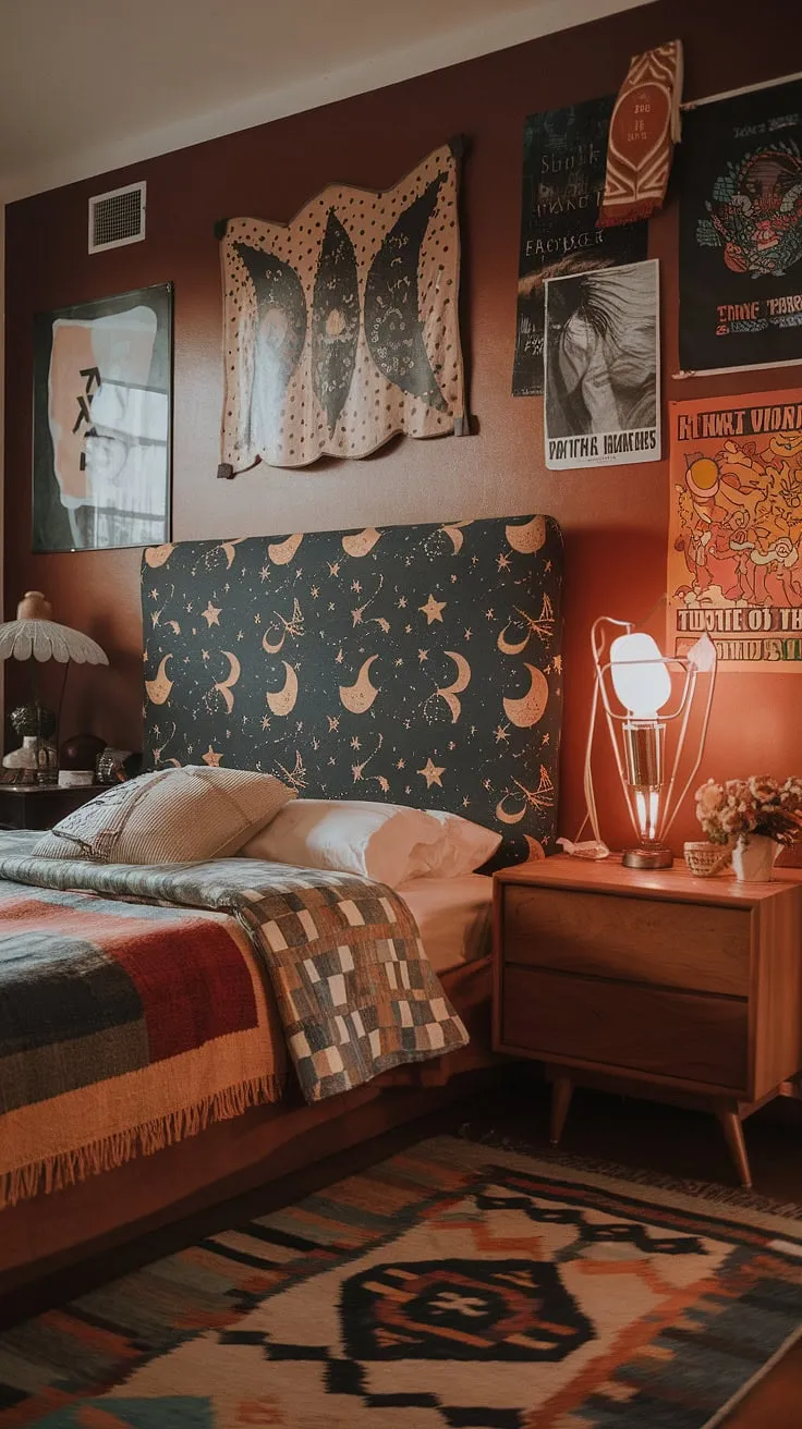 Funky headboard ideas meet y2k grunge decor, with hippy wall decor and a vintage lamp casting a warm glow over the floral rug. This artsy bedroom, showcasing 90s aesthetic room decor, is the perfect example of a hippy grunge bedroom and offers plenty of 90s bedroom ideas.