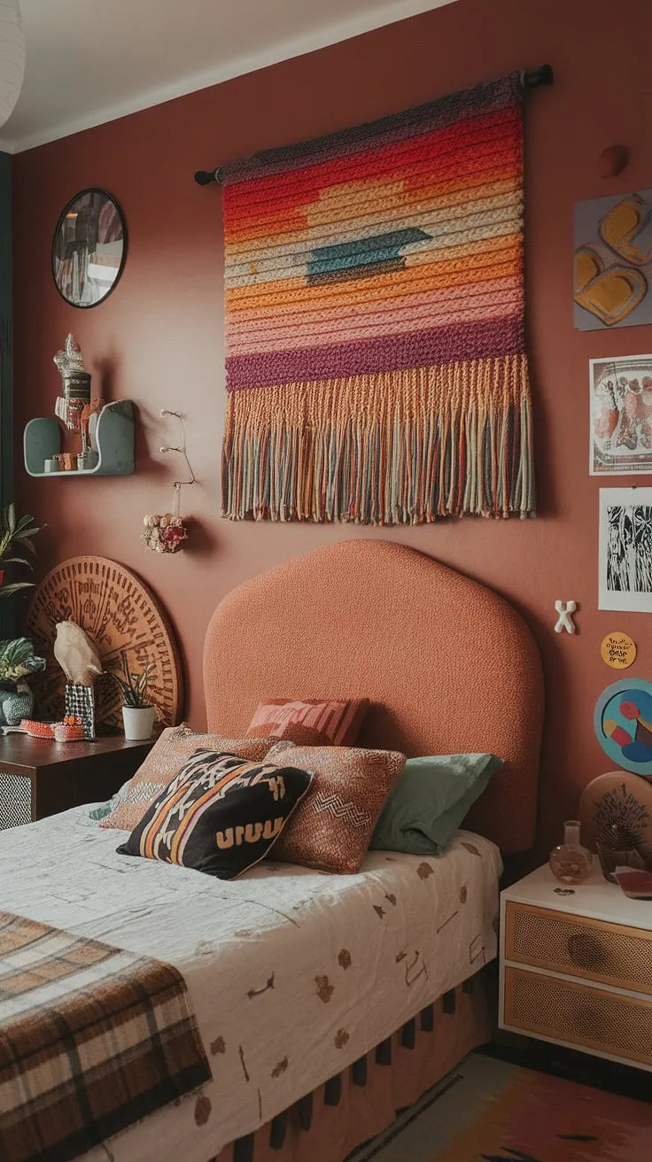 Earthy retro decor blends seamlessly with funky headboard ideas and y2k grunge elements, creating a unique space. The hippy wall decor adds a vibrant pop against the backdrop of artsy bedroom ideas and unique furniture. This hippy grunge bedroom perfectly captures the nostalgic 90s aesthetic room decor, offering a blend of 90s bedroom ideas that's both comforting and stylish.