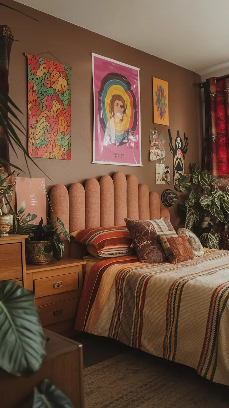 The funky headboard is a statement piece, perfectly complementing the hippy wall decor and vintage furniture. The overall aesthetic is a dreamy blend of indie core bedroom style and y2k grunge decor, making it a truly unique space. Think 90s bedroom ideas meet artsy bedroom ideas in this perfectly curated hippy grunge bedroom, showcasing the best of 90s aesthetic room decor.