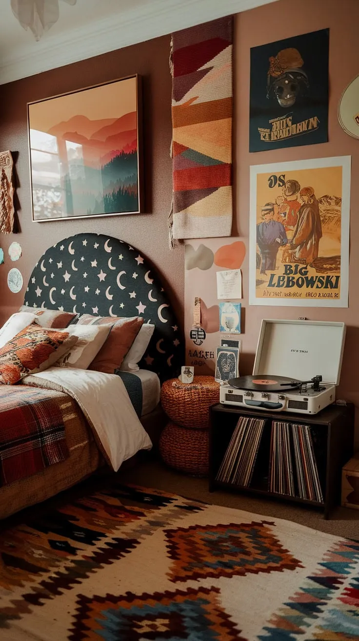 Earthy retro bedroom elements blend seamlessly with funky headboard ideas, creating a unique indie core bedroom space. The walls are a gallery of hippy wall decor, showcasing everything from a serene mountain scene to a cult classic movie poster. A retro rug anchors the space, while a record player and vinyl hint at the soundtrack to this dreamy 90s bedroom. This is 90s bedroom ideas elevated to an artsy bedroom masterpiece.