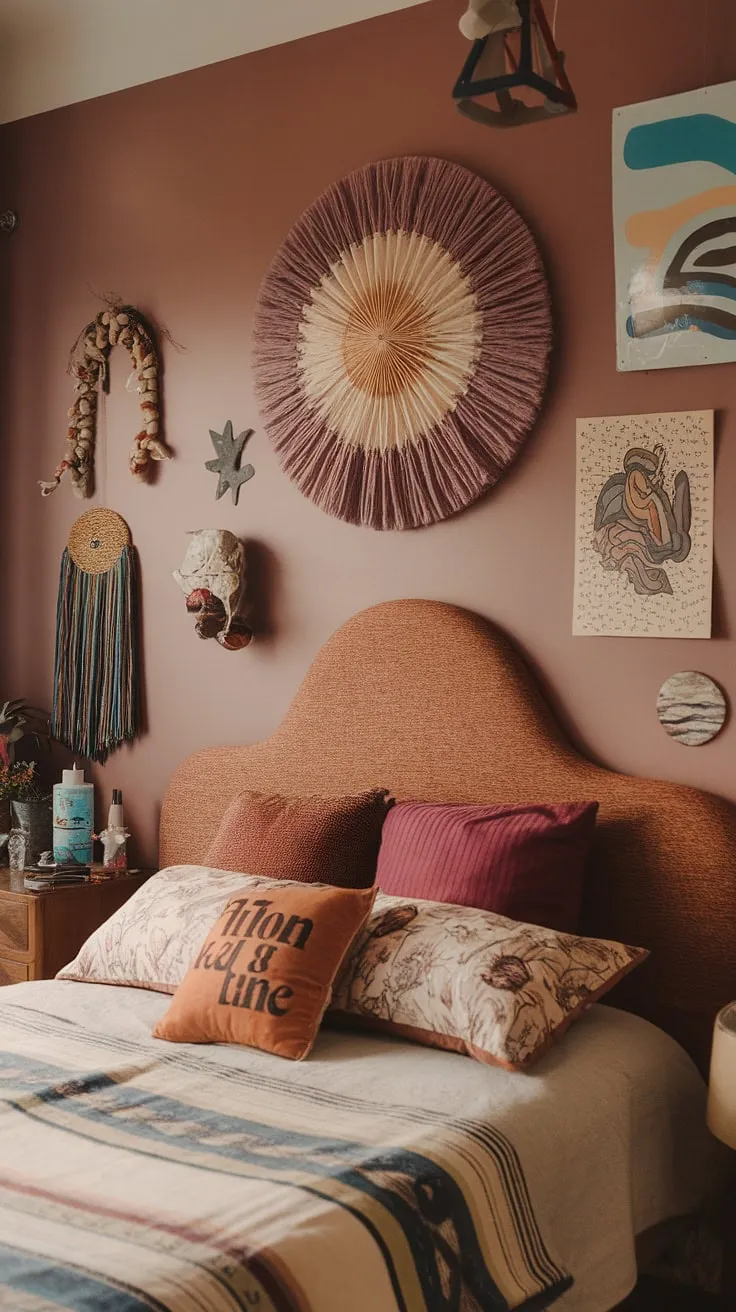 The funky headboard anchors the space, while hippy wall decor and y2k grunge accents create a unique blend of 90s aesthetic room decor. Artsy items scattered throughout add personality, making this the ultimate example of 90s bedroom ideas and artsy bedroom ideas. This hippy grunge bedroom is a testament to the enduring appeal of 90s bedroom ideas and funky headboard ideas.