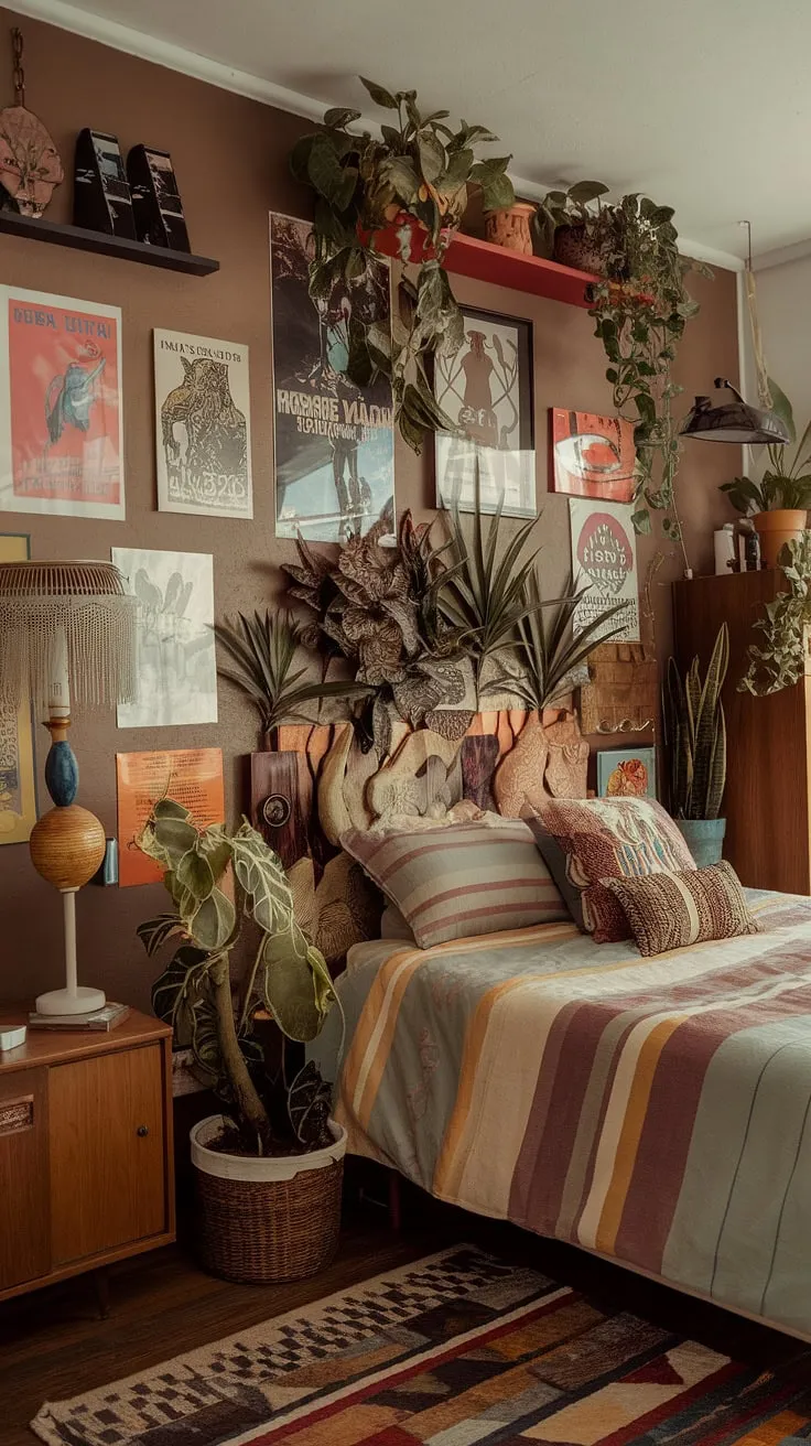 Funky headboard ideas come to life with the overflowing plants, while hippy wall decor and vintage finds create a truly unique 90s aesthetic room decor. The wooden cabinet and retro lamp add to the artsy bedroom ideas, making this a perfect example of a hippy grunge bedroom and a great source of 90s bedroom ideas.