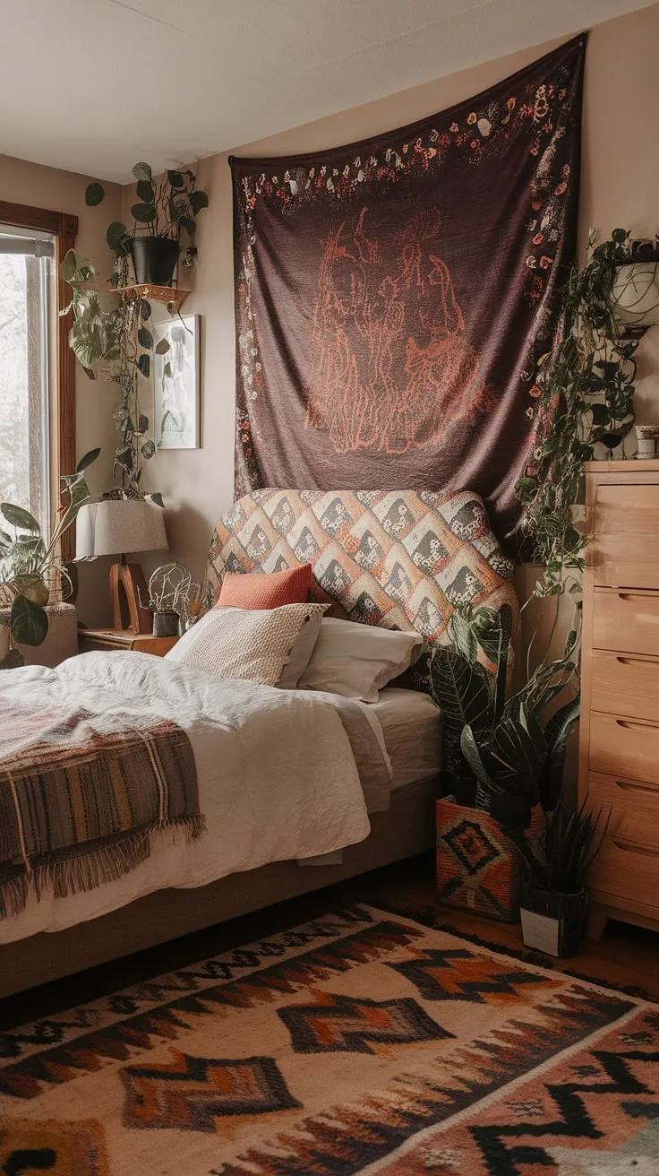 The funky headboard, bursting with patterned fabric, anchors the space, complemented by a tapestry and art reflecting a hippy wall decor aesthetic. Plants thrive amidst the y2k grunge decor, adding a touch of nature to this artsy bedroom. This 90s aesthetic room decor showcases 90s bedroom ideas and offers inspiration for funky headboard ideas, creating a truly unique hippy grunge bedroom.