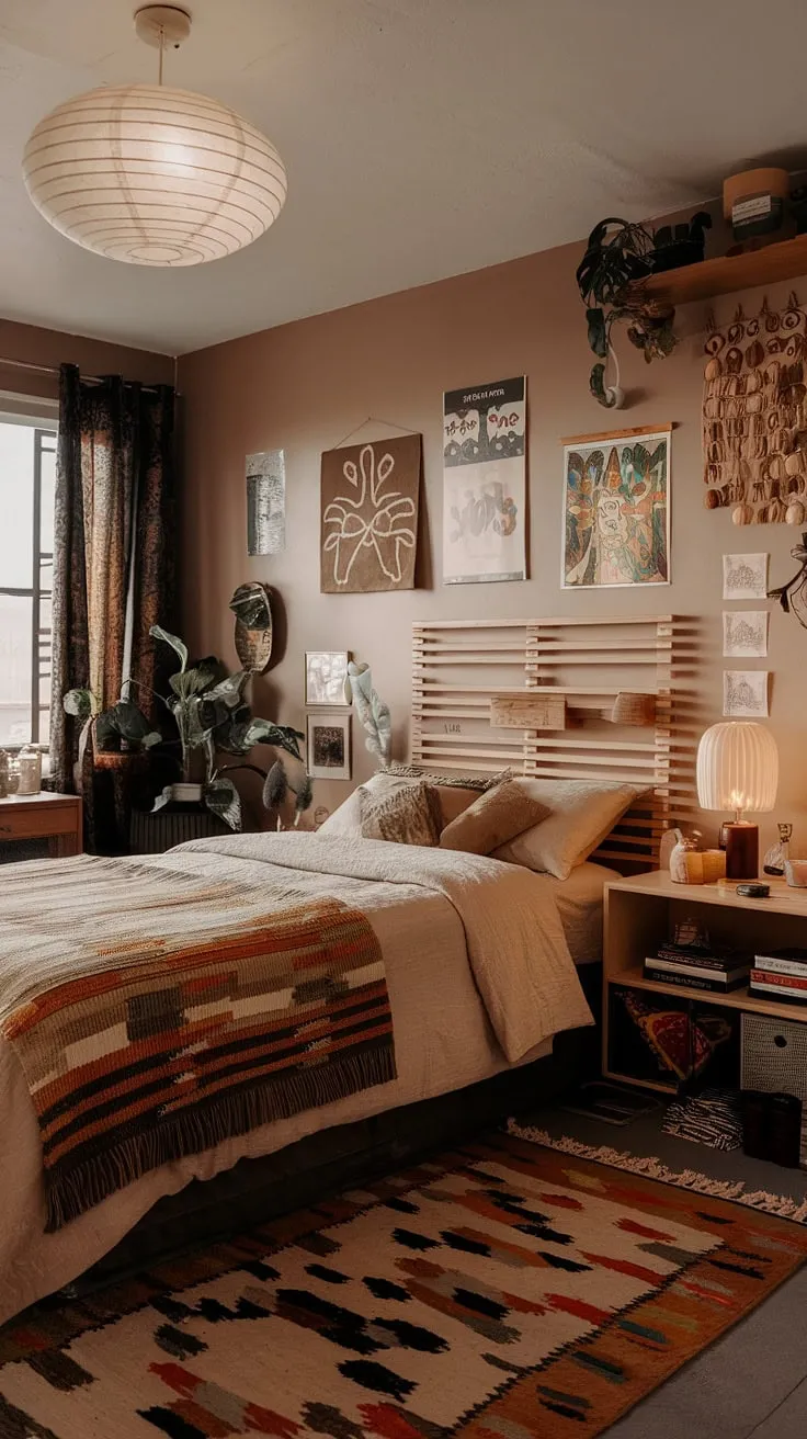 Funky headboard ideas take center stage, complemented by y2k grunge decor and hippy wall decor. The artsy bedroom ideas, like the unique lighting, perfectly capture the spirit of a hippy grunge bedroom. It's a nostalgic trip back to the 90s, offering a fresh take on 90s bedroom ideas.