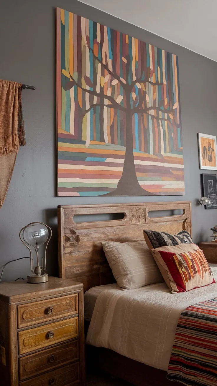 The gray walls are the perfect backdrop for the colorful, abstract tree—a statement piece of hippy wall decor. The earthy retro bedroom is further enhanced by the distressed wooden furniture and funky headboard ideas, creating a truly unique indie core bedroom. This space perfectly blends 90s bedroom ideas with y2k grunge decor, resulting in an artsy bedroom that's both nostalgic and inspiring.