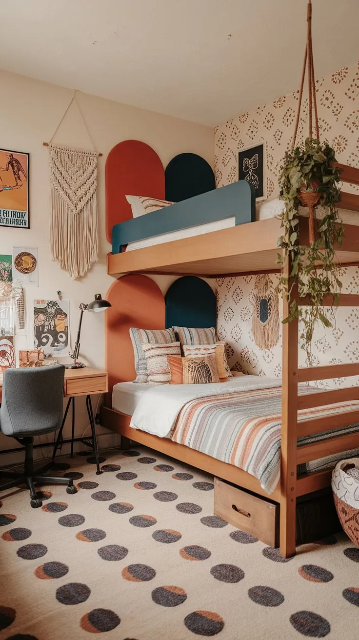The funky headboard ideas on the wooden bunk bed, in shades of dark blue and orange, perfectly complement the patterned beige carpet. Hippy wall decor, including macramé and vintage posters, adds a touch of bohemian flair to this 90s aesthetic room decor. The overall vibe is one of relaxed y2k grunge decor, making it a truly unique and inspiring space. Consider this a masterclass in artsy bedroom ideas and a treasure trove of 90s bedroom ideas for anyone looking to recreate this hippy grunge bedroom.