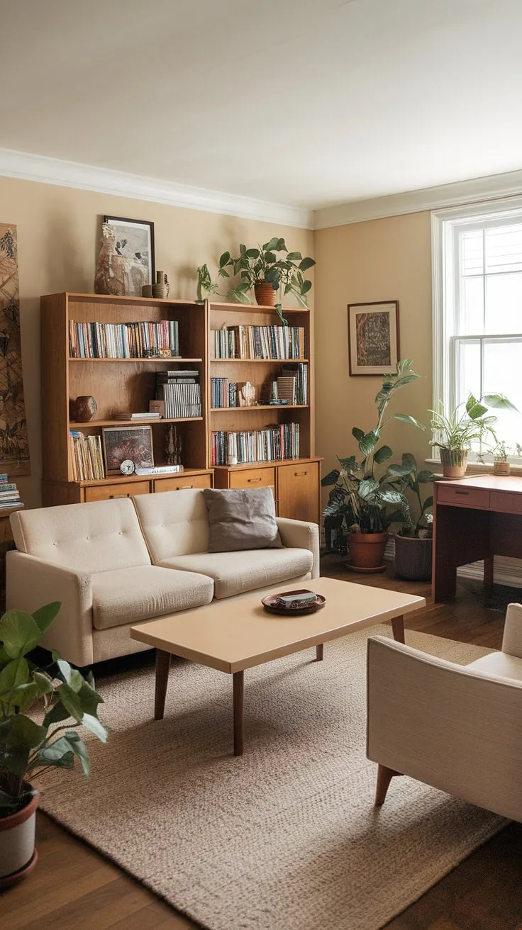 Step back in time to this serene 90s living room, a testament to the understated elegance of 90s furniture living rooms.  The beige palette, reminiscent of 80s home aesthetic and even echoing elements of seventies home decor and 70 house interior, creates a calming atmosphere.  Notice the thoughtful touches of 90 home decor, from the potted plants to the well-stocked bookshelf, all contributing to a space that feels both nostalgic and timeless.