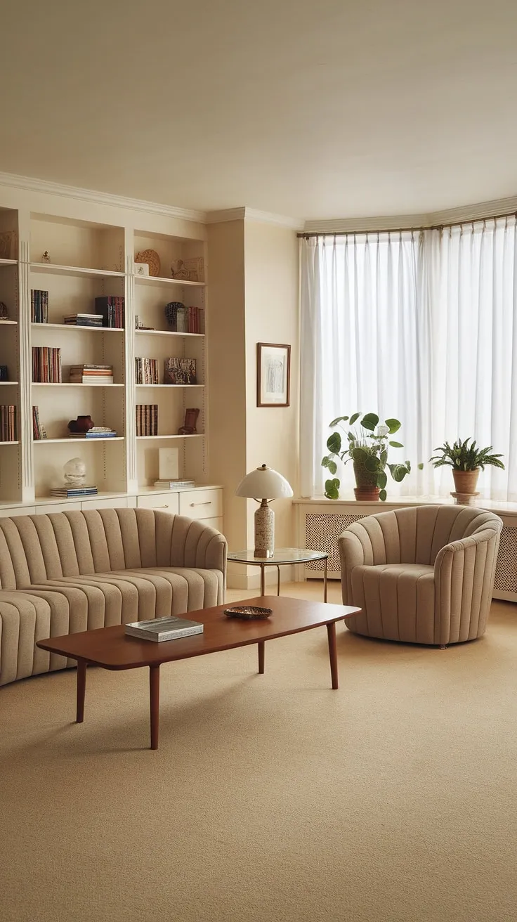 Step back in time to this serene 90s living room, a perfect blend of 90s furniture living rooms and 80s home aesthetic.  The beige palette, curved sofa, and wooden coffee table evoke a nostalgic charm, while the white bookshelf hints at a touch of 70 house interior style.  A subtle nod to seventies home decor and 80 house decor, this space perfectly captures the relaxed elegance of the era.