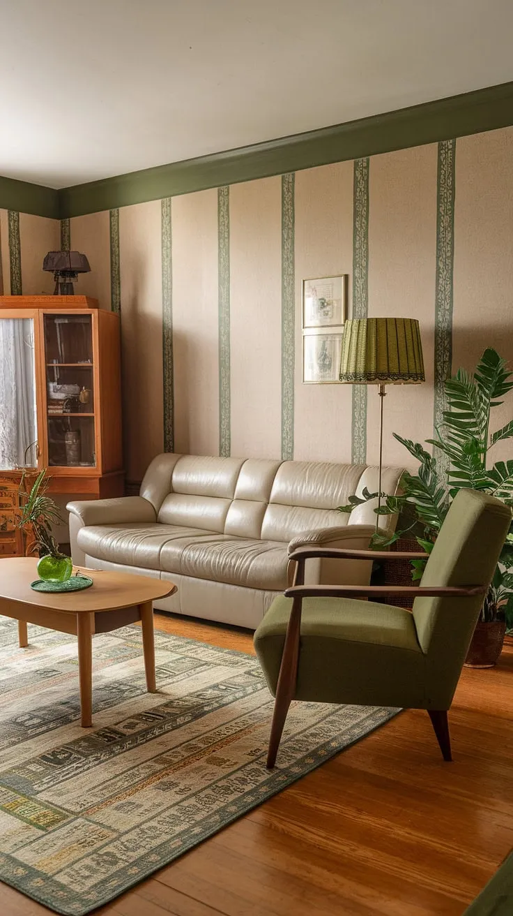 Step back in time to this nostalgic 90s living room, a perfect blend of 90s furniture living rooms and 80s home aesthetic. The beige sofa and green armchair, paired with the patterned rug and wooden coffee table, evoke a comforting 90 home decor reminiscent of 70 house interior and 80 house decor styles.  The subtle seventies home decor influences add a touch of timeless charm.