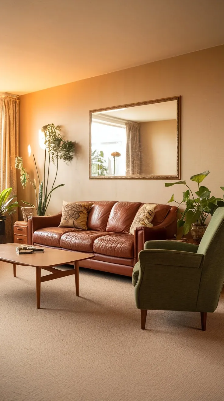 Step back in time to this perfectly preserved 90s living room, a nostalgic blend of 90s furniture living rooms and subtle 80s home aesthetic influences. The beige tones, brown leather sofa, and green armchair whisper tales of 70s house interior design, creating a warm and inviting space that effortlessly blends decades of home decor trends.