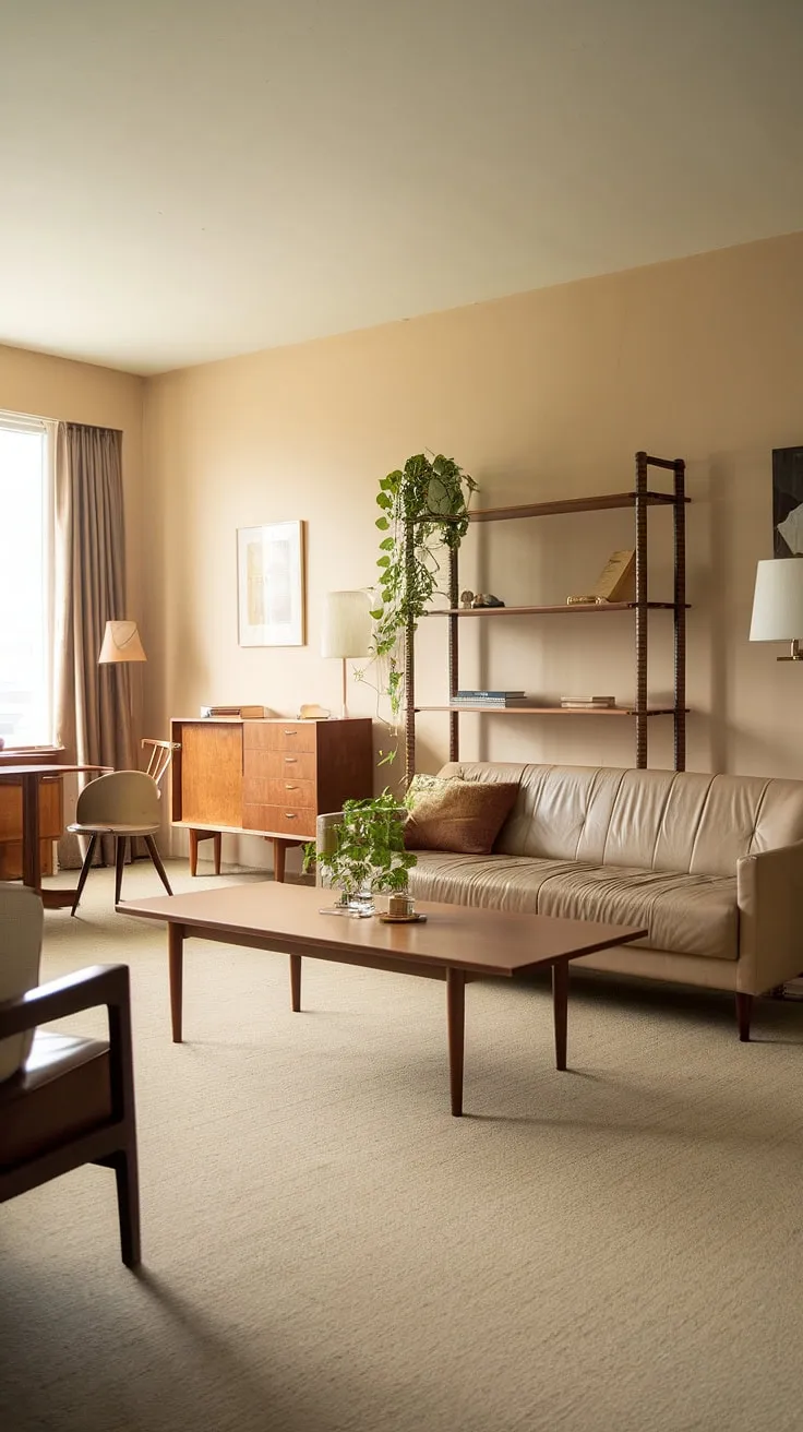 Step back in time to this serene 90s living room, a perfect blend of 90s furniture living rooms and 80s home aesthetic. The beige palette, reminiscent of 70 house interior trends, creates a calming atmosphere, while the wooden accents and green plant add a touch of nature to this 90 home decor haven.  The overall vibe effortlessly bridges the gap between seventies home decor and the early nineties.
