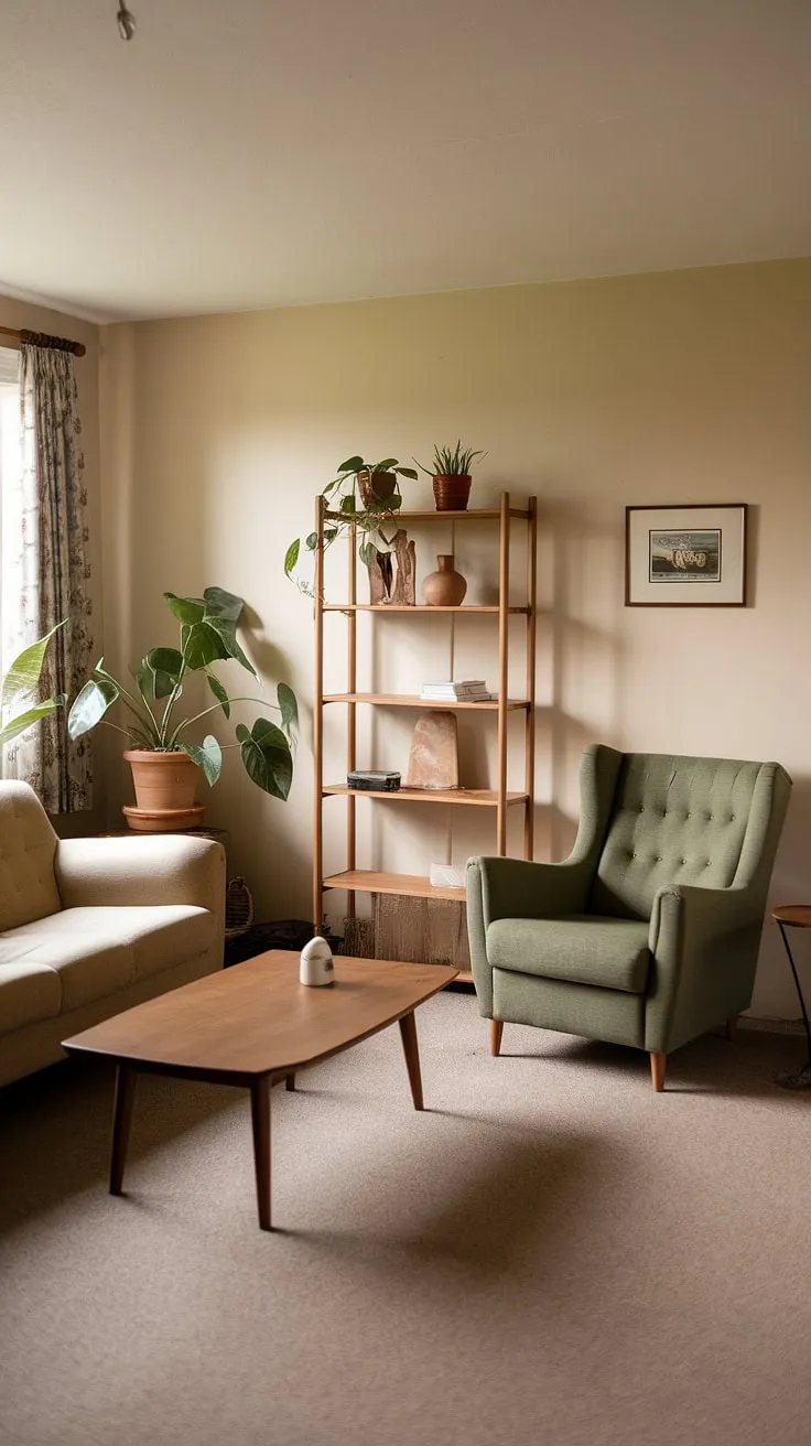 That beige sofa, the green armchair – pure 90s furniture living rooms perfection.  This 90s living room embodies the cozy charm of 90 home decor, with subtle hints of 80s home aesthetic and seventies home decor in the warm tones and natural materials.  The overall effect is a relaxed 70 house interior, effortlessly stylish.
