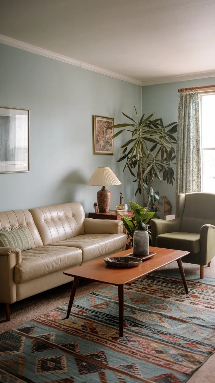 This isn't your grandma's living room (unless your grandma was seriously cool).  A delightful mix of 90s furniture living rooms, 80 house decor, and seventies home interior elements come together in this space. The 90s living room aesthetic is perfectly captured with the beige sofa, the green armchair, and those subtle touches of 80s home aesthetic and 70 house interior details.  A true testament to the enduring appeal of 90 home decor.