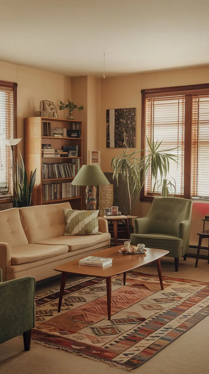 This inviting space effortlessly merges the best of 80 house decor and 70 house interior with the distinct style of 90s living room furniture.  The beige sofa, green armchair, and wooden coffee table are iconic pieces of 90s home decor, creating a warm and comforting 80s home aesthetic that feels both familiar and fresh.