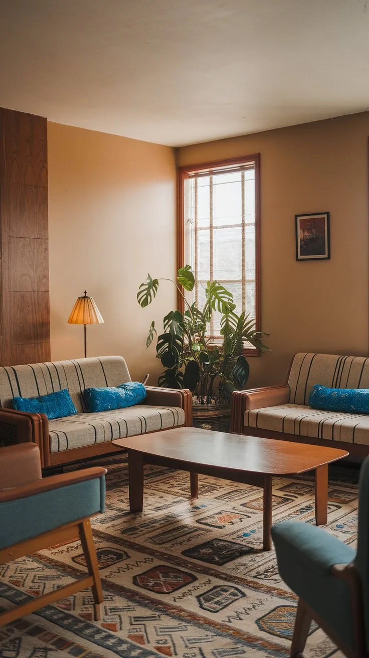 A perfectly preserved capsule of 90s home decor. This living room showcases the best of 90s furniture living rooms, with its beige sofa, wooden coffee table, and that unmistakable 70 house interior influence in the overall color scheme.  The subtle hints of 80 house decor and seventies home decor only enhance its timeless appeal.