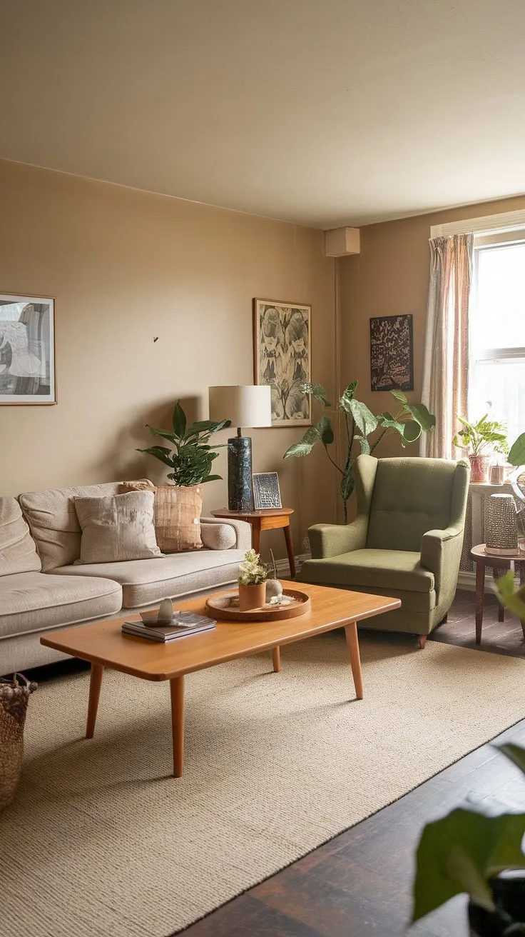 This beige and green haven perfectly captures the relaxed vibe of 90s home decor, blending seamlessly with elements reminiscent of 80s house decor and even a touch of seventies home interior.  The 90s furniture living rooms of this era prioritized comfort and understated elegance.