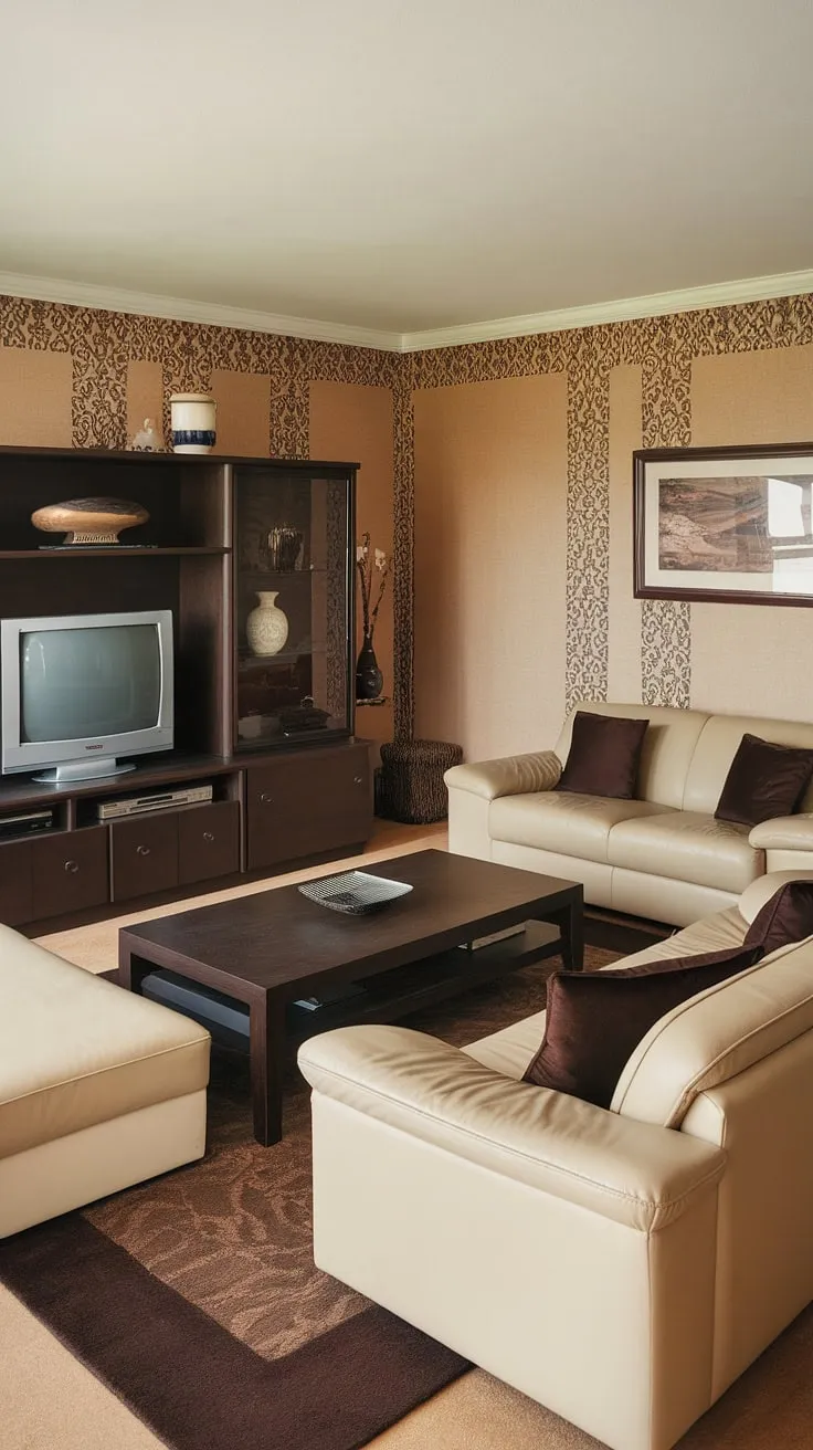 This 90s living room is a time capsule of 80 house decor and seventies home decor trends.  The rich dark brown and beige tones, along with the classic 90s furniture living rooms style, evoke a sense of comforting nostalgia.  Every detail, from the patterned wallpaper to the dark brown coffee table, speaks to the unique charm of 90 home decor.