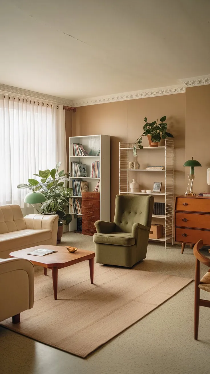 A nostalgic glimpse into a 90s living room, showcasing the warm tones and relaxed vibe of 90 home decor.  The furniture, a delightful mix of 90s furniture and subtle 80s home aesthetic influences, creates a cozy atmosphere that transcends decades, offering a unique blend of 70 house interior and 80 house decor styles.