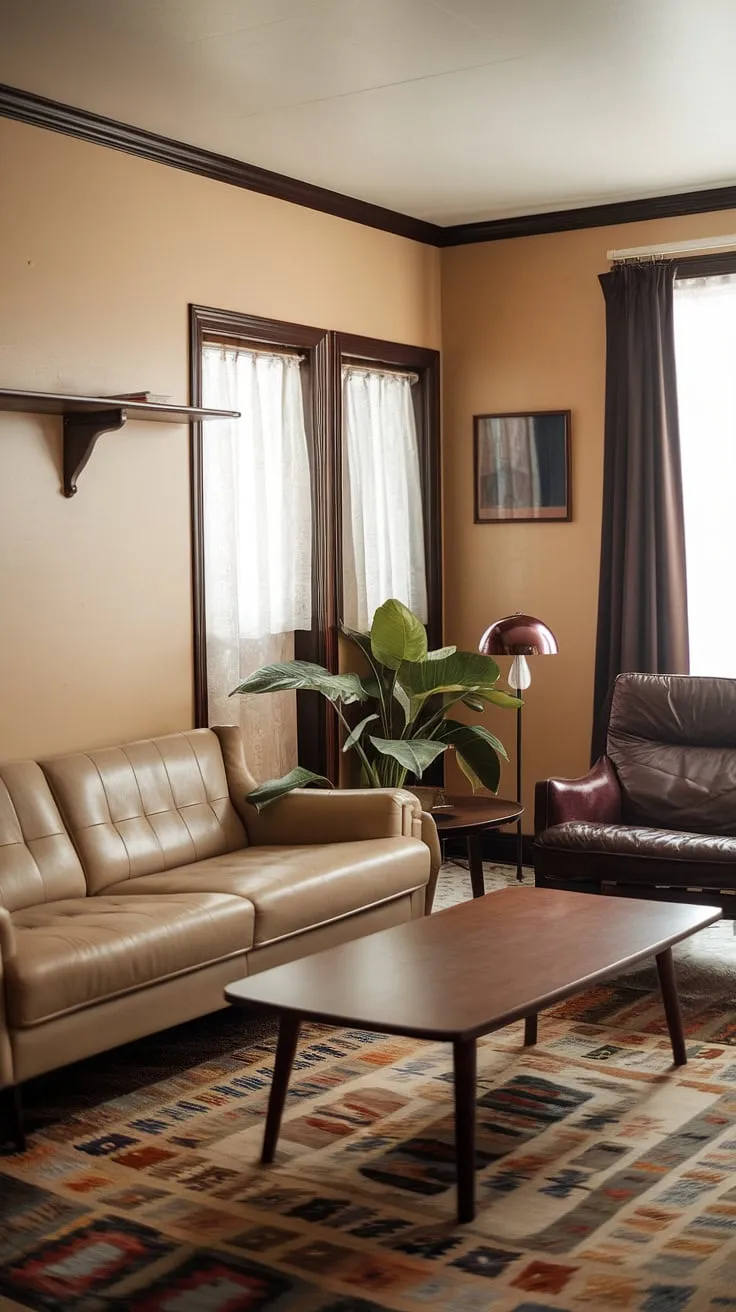 A nostalgic glimpse into home decor history: this space effortlessly fuses 90s furniture living rooms with subtle nods to 80 house decor and seventies home interior styles. The beige walls, 90s living room layout, and the strategic use of brown tones create a comforting ambiance.  The green plant adds a touch of life to this perfectly preserved example of 90 home decor, showcasing the enduring appeal of classic design elements.
