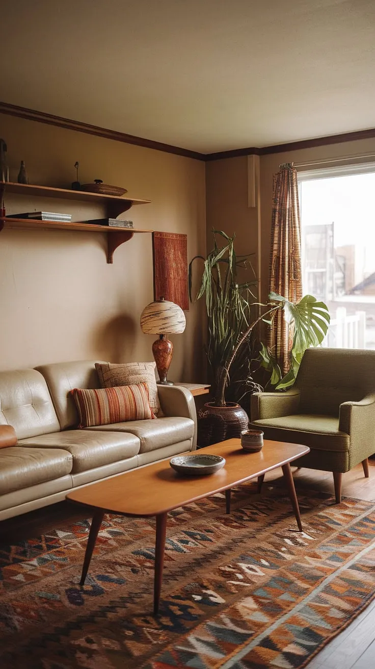 This seventies home decor, with its beige sofa and green armchair, evokes a comforting nostalgia.  The wooden coffee table and patterned rug hint at the 80s home aesthetic, while the overall feel blends seamlessly with elements of 90s furniture living rooms and 90 home decor, creating a timeless and inviting 70 house interior.