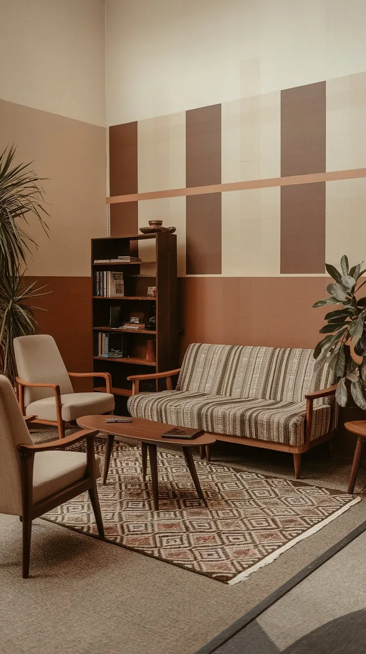 A nostalgic haven blending the best of 80 house decor and 90s living room style.  This 70 house interior showcases a masterful mix of seventies home decor and 90s furniture living rooms, creating a warm and inviting atmosphere.  The 80s home aesthetic is subtly present, adding a layer of depth to this uniquely charming space.