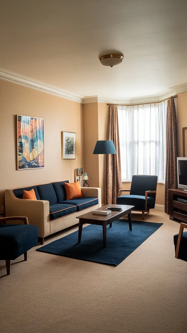 This 90s living room, a perfect blend of 90s furniture living rooms and 80s home aesthetic, showcases the era's signature beige palette punctuated by pops of vibrant blue and orange.  The dark wood furniture and subtle hints of seventies home decor create a warm, nostalgic atmosphere reminiscent of 70 house interior styles.  A testament to the enduring charm of 90 home decor and 80 house decor.