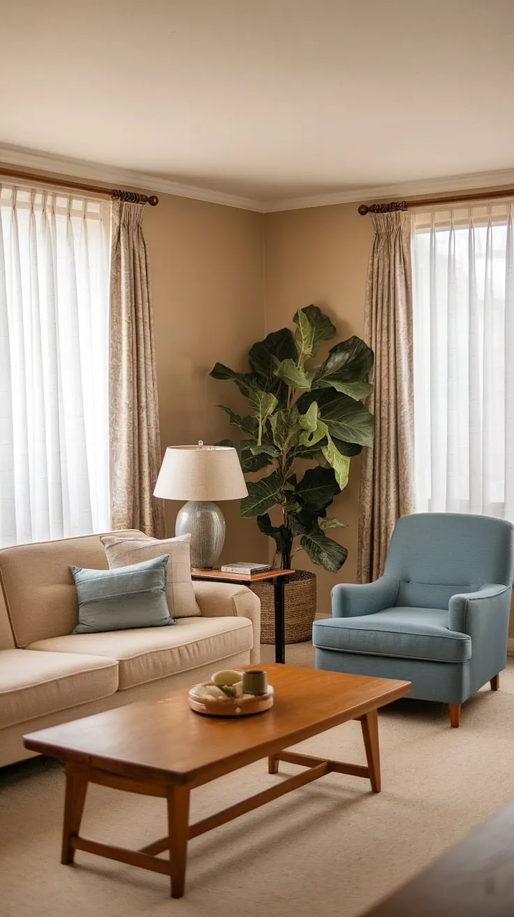 A nostalgic glimpse into a 90s living room, where 90s furniture living rooms reigned supreme. The muted tones and simple lines of the 80 house decor and seventies home decor influences create a calming atmosphere.  This 80s home aesthetic, subtly updated with a touch of green, showcases the enduring appeal of classic 90 home decor.