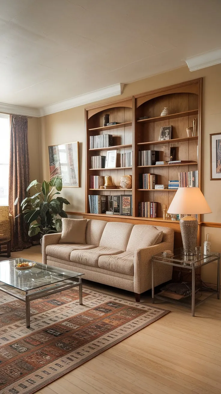 This 90s living room embodies the best of 80 house decor and seventies home decor, seamlessly blending the styles into a cozy and inviting space.  The light wood floors, beige sofa, and glass coffee table are classic examples of 90s furniture living rooms, while the potted plant and artwork add a touch of personality. A testament to the enduring charm of 90 home decor.