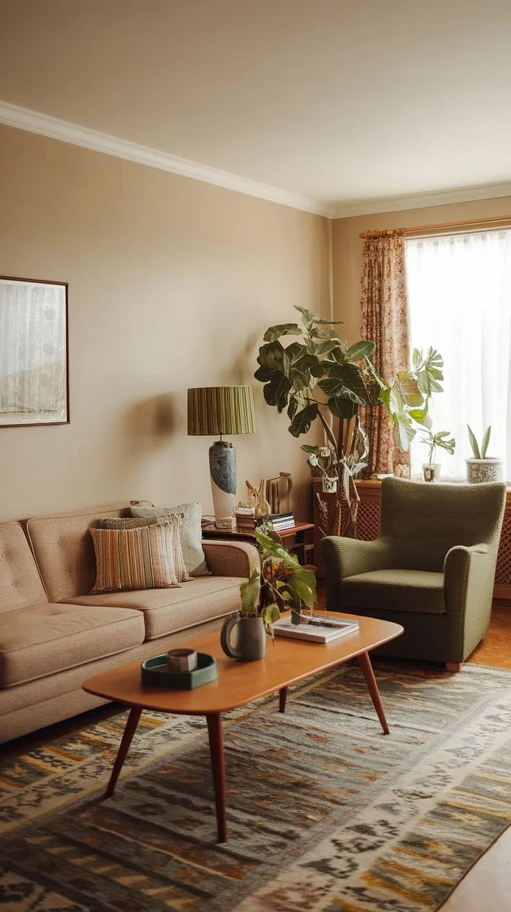 A nostalgic glimpse into a 90s living room, where 90s furniture living rooms met relaxed elegance.  The muted tones and simple lines of the furniture, combined with the potted plant and subtle 80 house decor accents, create a timeless 70 house interior feel that transcends decades.