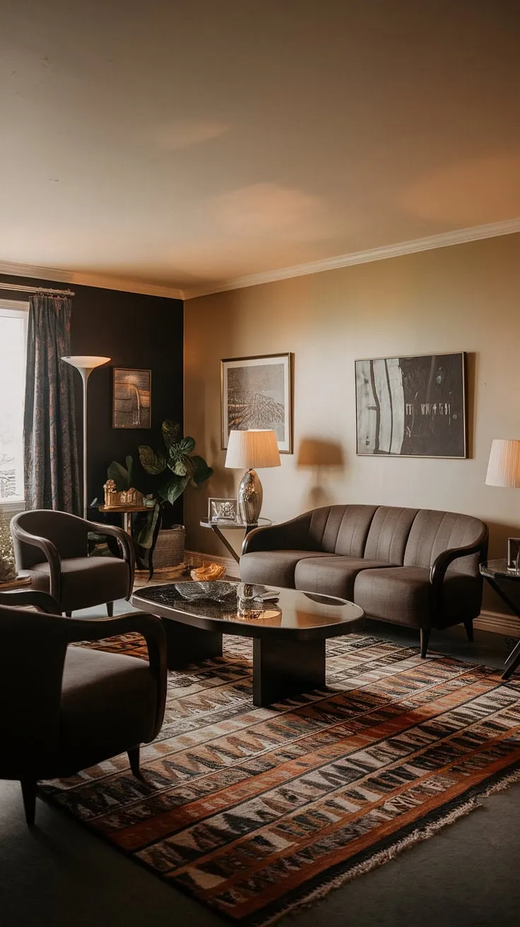 The rich textures and curved lines of this 90s living room showcase the best of 90s furniture living rooms.  Influenced by both 80 house decor and seventies home decor trends, this space effortlessly blends the warmth of the 70 house interior with the sophisticated darkness of the 90s.  A beautiful example of how 80s home aesthetic details can complement a distinctly 90s design.