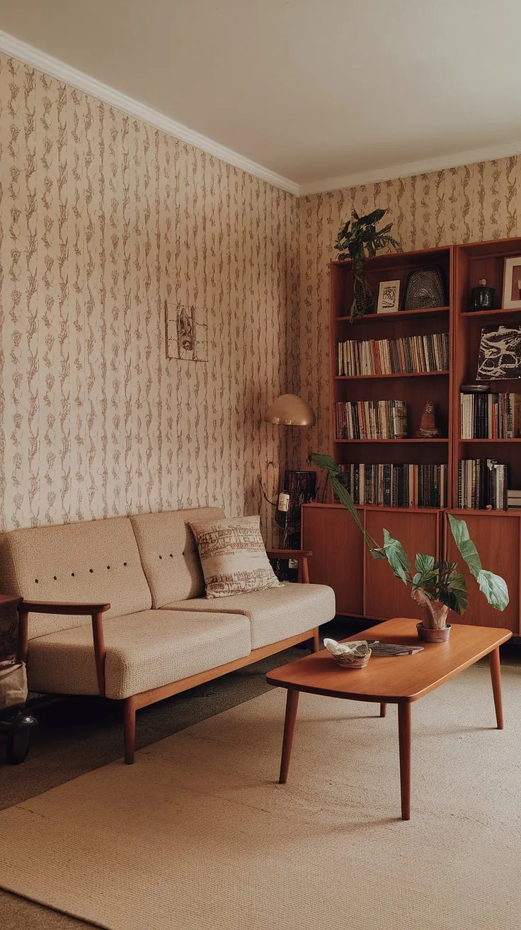 Step back in time to this cozy 90s living room, a perfect blend of 90s furniture living rooms and 80s home aesthetic.  The floral wallpaper, wooden bookshelf overflowing with books, and beige sofa evoke a distinct 90 home decor feel, with subtle hints of seventies home decor and 70 house interior charm.